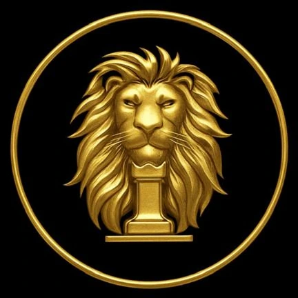 Gold lion on a chess piece inside a circle, the Chosen Barber emblem